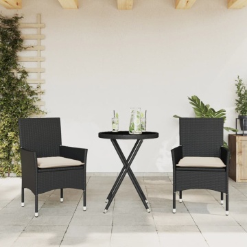 Set bistro cu perne, 3 piese, negru, poliratan și sticlă - Img 1