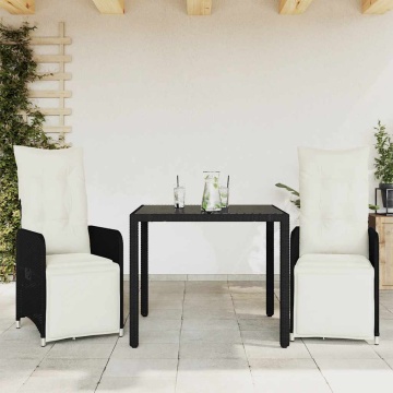 Set bistro de grădină cu perne, 3 piese, negru, poliratan - Img 1