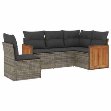Set canapea de grădină cu perne, 5 piese, gri, poliratan - Img 2