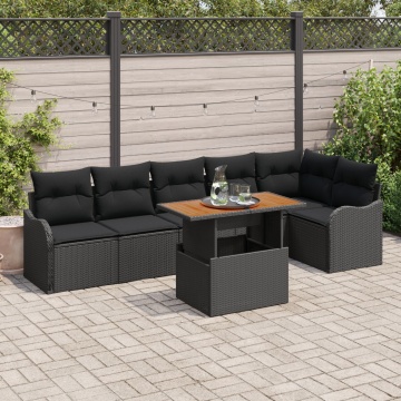 Set canapea grădină 7 piese cu perne Negru Ratan Acacia, Canapea grădină 2 locuri cu perne Negru Ratan - Img 1
