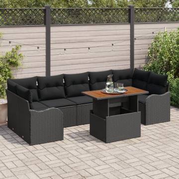 Set Canapea Grădină 8 Piese și Perne Negru Ratan Poli Acacia, Canapea Grădină 2 Piese și Perne Negru Ratan Poli - Img 1