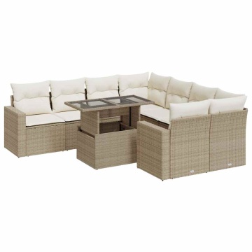 Set canapele de grădină, 9 piese, cu perne, bej, poliratan - Img 2
