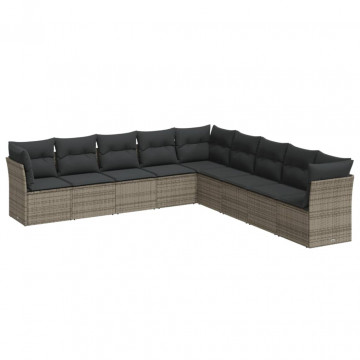 Set canapele de grădină, 9 piese, cu perne, gri, poliratan - Img 2