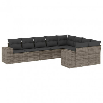 Set canapele de grădină, 9 piese, cu perne, gri, poliratan - Img 2