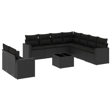 Set canapele de grădină cu perne, 10 piese, negru, poliratan - Img 2