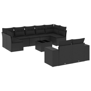 Set canapele de grădină cu perne, 10 piese, negru, poliratan - Img 2