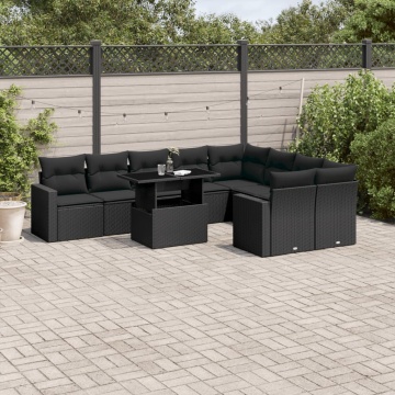 Set canapele de grădină cu perne, 10 piese, negru, poliratan - Img 1