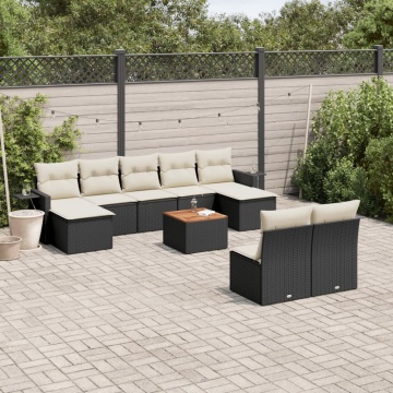 Set canapele de grădină cu perne, 10 piese, negru, poliratan - Img 1