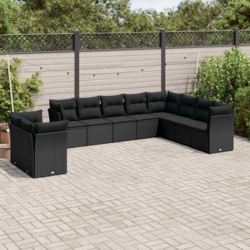 Set canapele de grădină cu perne, 10 piese, negru, poliratan - Img 1