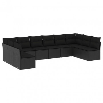 Set canapele de grădină cu perne, 10 piese, negru, poliratan - Img 2