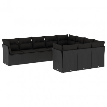Set canapele de grădină cu perne, 10 piese, negru, poliratan - Img 2