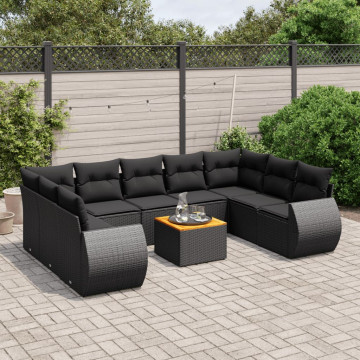 Set canapele de grădină cu perne, 10 piese, negru, poliratan - Img 1