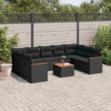 Set canapele de grădină cu perne, 10 piese, negru, poliratan - Img 1