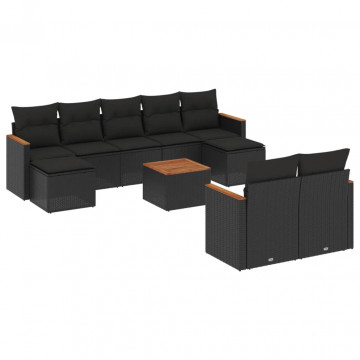 Set canapele de grădină cu perne, 10 piese, negru, poliratan - Img 2