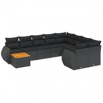 Set canapele de grădină cu perne, 10 piese, negru, poliratan - Img 2