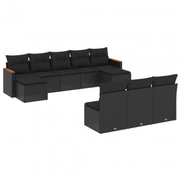 Set canapele de grădină cu perne, 10 piese, negru, poliratan - Img 2
