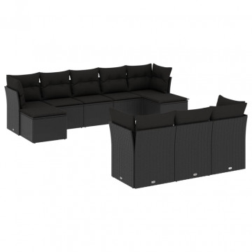 Set canapele de grădină cu perne, 10 piese, negru, poliratan - Img 2