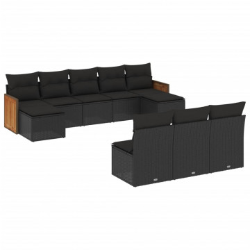 Set canapele de grădină cu perne, 10 piese, negru, poliratan - Img 2