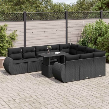 Set canapele de grădină cu perne, 11 piese, negru, poliratan - Img 1