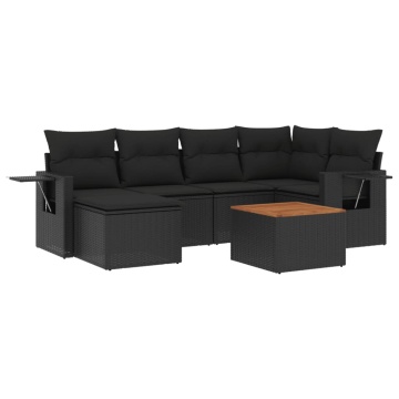Set canapele de grădină cu perne, 7 piese, negru, poliratan - Img 2