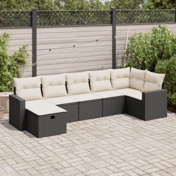 Set canapele de grădină cu perne, 7 piese, negru, poliratan - Img 1