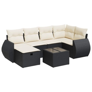 Set canapele de grădină cu perne, 7 piese, negru, poliratan - Img 2