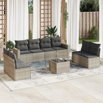 Set canapele de grădină cu perne, 9 piese gri deschis poliratan - Img 1
