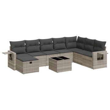Set canapele de grădină cu perne, 9 piese gri deschis poliratan - Img 2