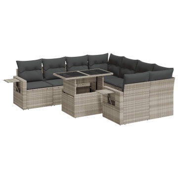 Set canapele de grădină cu perne, 9 piese gri deschis poliratan - Img 2
