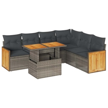 Set canapele grădină cu perne 7 piese gri poliratan/lemn acacia - Img 2