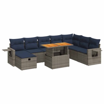 Set canapele grădină cu perne 9 piese gri poliratan/lemn acacia - Img 2