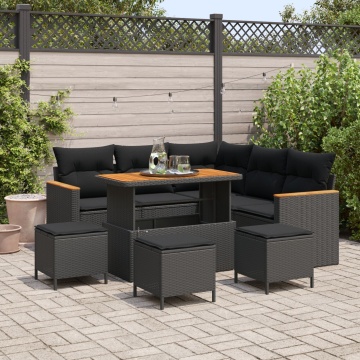 Set Canapele Grădină cu Perne Negru Ratan Poli Acacia, Set Dining Grădină cu Perne Negru Ratan Poli Acacia - Img 1