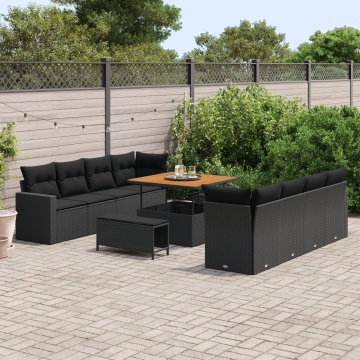 Set de 11 Piese pentru Grădină cu Perne Negru Rattan Poliesteric Acacia, Set de Masă și Canapea de Grădină cu Perne Negru Rattan Poliesteric Acacia - Img 3