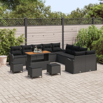 Set de Canapea pentru Grădină de 14 piese cu Perne Negru Poliratan Acacia, Canapea de Grădină cu 2 locuri și Perne Negru Poliratan, Set de Dining pentru Grădină de 4 piese cu Perne Negru Poliratan Acacia - Img 3