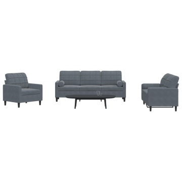 Set de canapele cu perne/rulouri, 3 piese, gri închis, catifea - Img 1