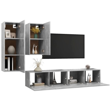 Set de dulapuri TV, 4 piese, gri beton, lemn prelucrat - Img 3