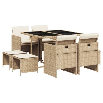 Set de masă pentru grădină, 9 piese, cu perne, bej, poliratan - Img 2