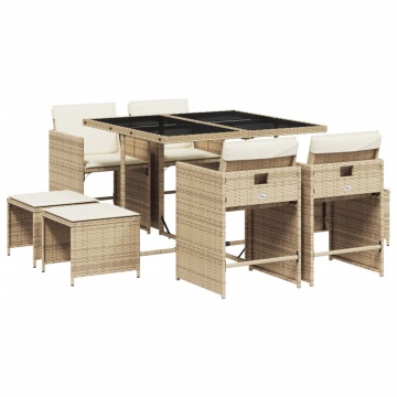 Set de masă pentru grădină, 9 piese, cu perne, bej, poliratan - Img 2