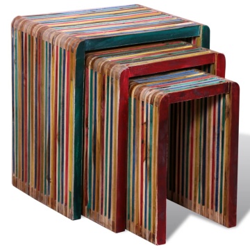 Set de mese suprapuse 3 piese, lemn de tec reciclat, multicolor - Img 2