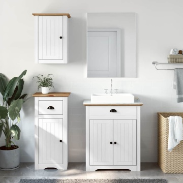 Set de mobilier de baie 3 piese lemn masiv de pin alb și maro - Img 3
