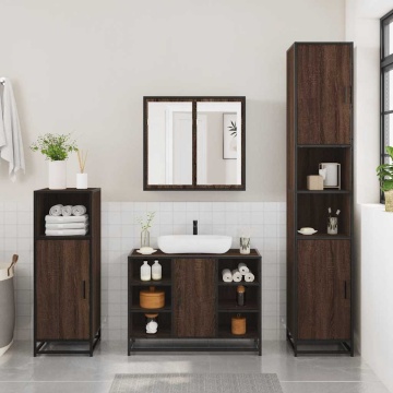 Set de mobilier de baie din 4 piese din lemn de stejar maro - Img 4