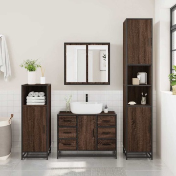 Set de mobilier de baie din 4 piese din lemn de stejar maro - Img 4