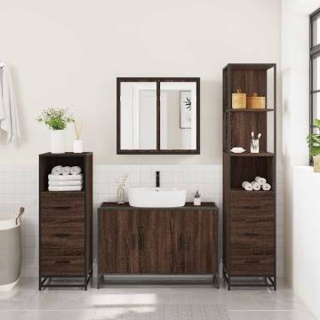 Set de mobilier de baie din 4 piese din lemn de stejar maro - Img 3