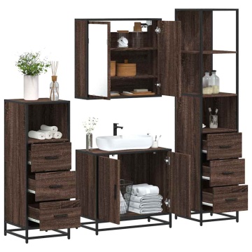 Set de mobilier de baie din 4 piese din lemn de stejar maro - Img 1