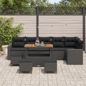 Set de Sofa de Grădină cu Perne Negru Poliratan Acacia, Set de Dining de Grădină cu Perne Negru Poliratan Acacia - Img 3