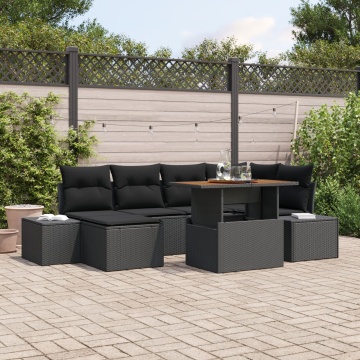 Set de Sofa de Grădină Set de 7 Negru Poliratan, Sticlă Securizată - Img 1