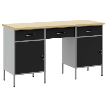 Set dulap de lucru cu masă, 3 piese, negru, lemn și oțel - Img 2