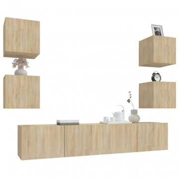 Set dulap TV, 6 piese, stejar sonoma, lemn prelucrat - Img 4