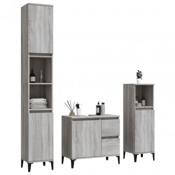Set dulapuri de baie, 3 piese, gri sonoma, lemn prelucrat - Img 3