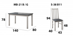 Set masa extensibila 140x180cm cu 6 scaune tapitate, mb-21 modena1 si s-38 boss10 b11, alb/grafit, lemn masiv de fag, stofa - Img 5